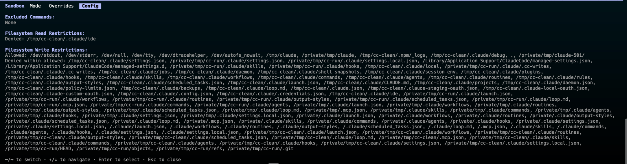 The /sandbox Config tab: a single denied read path, against roughly forty lines of denied write paths.
